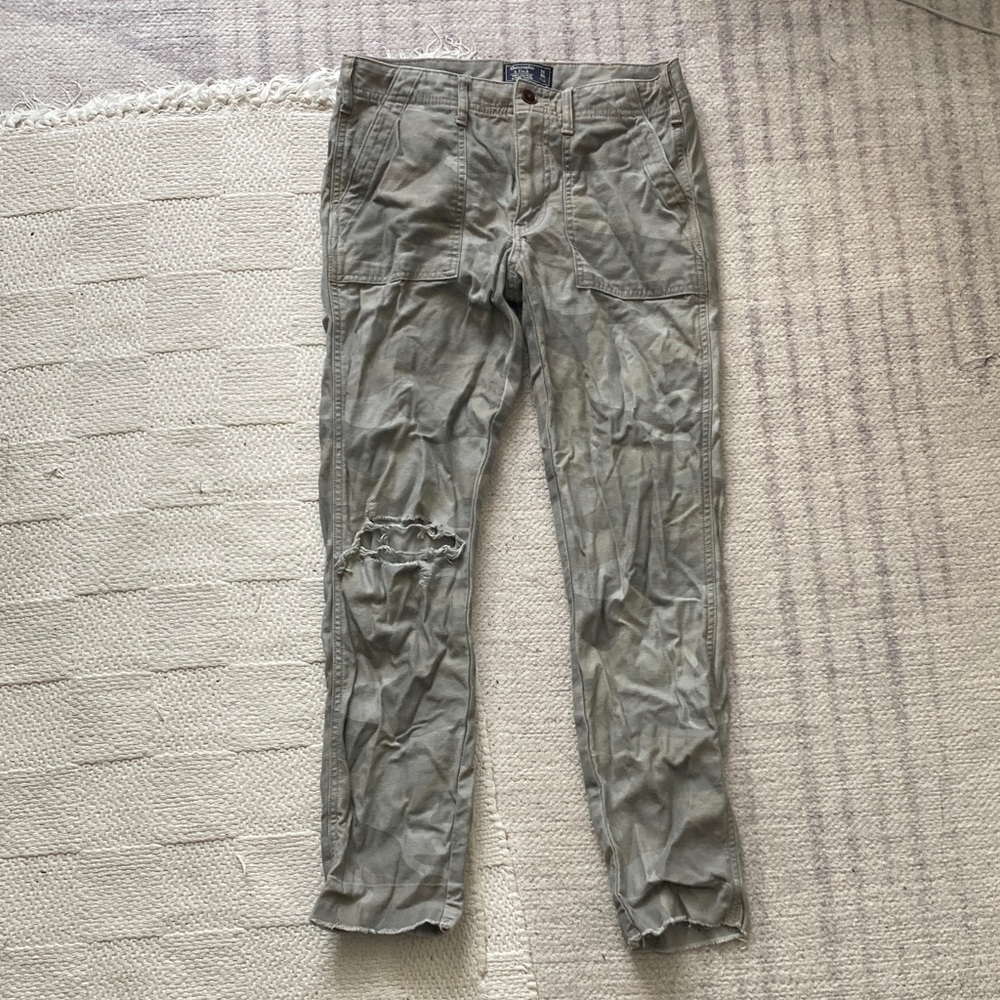 Pale green camo low rise boyfriend jeans